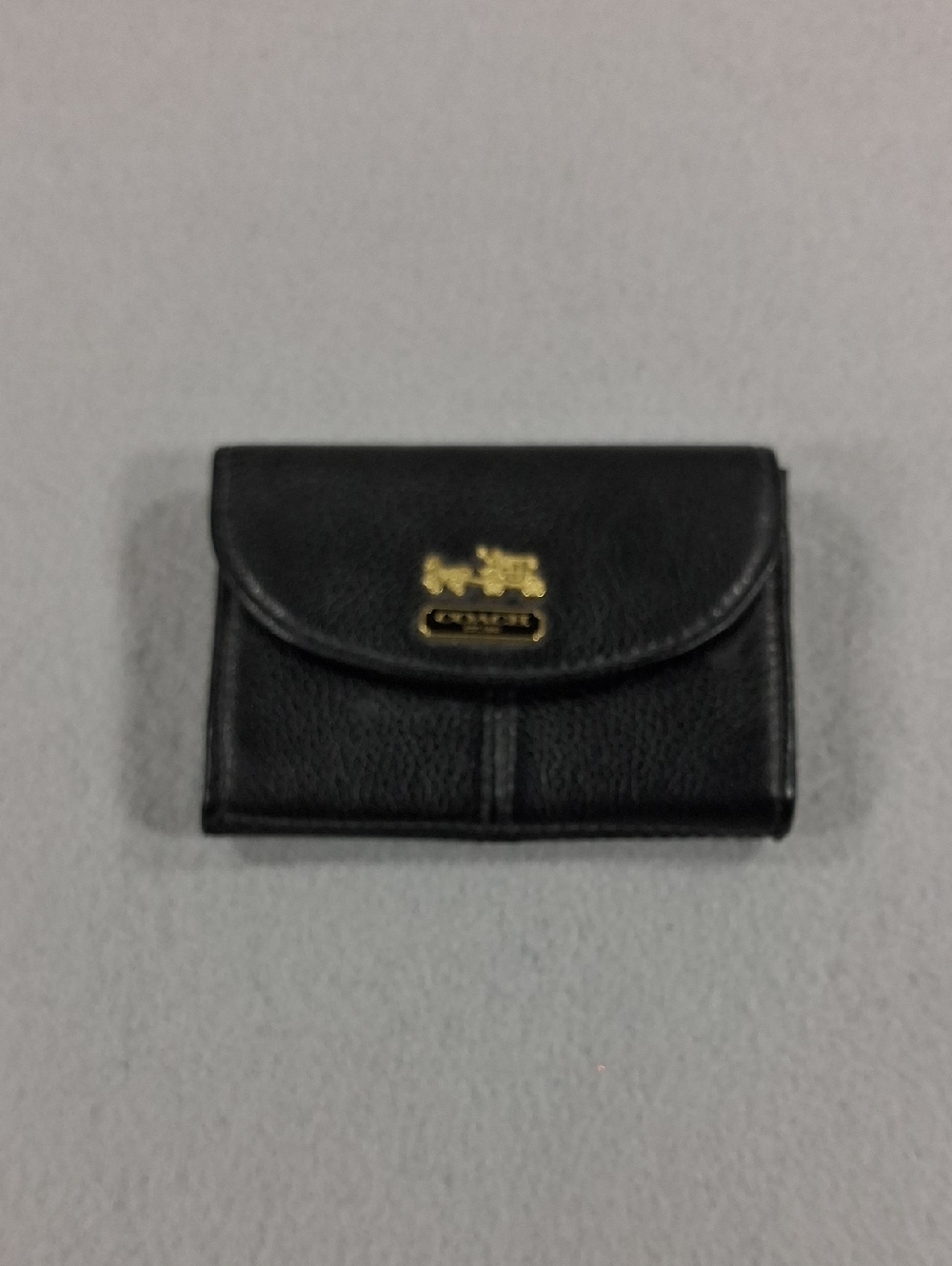Coach Black Leather Trifold Card Holder with Gold Logo